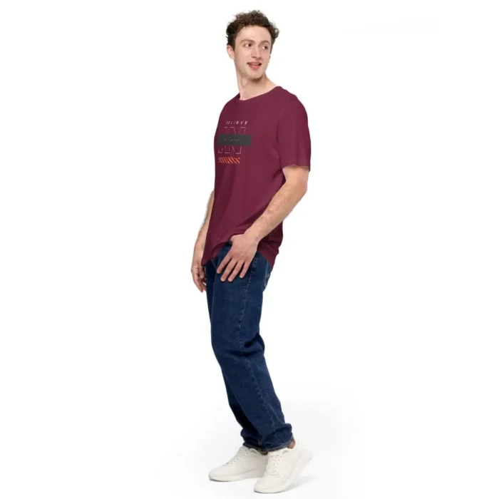 Belive unisex staple t shirt maroon left front 631763ba1b3b6 jpg