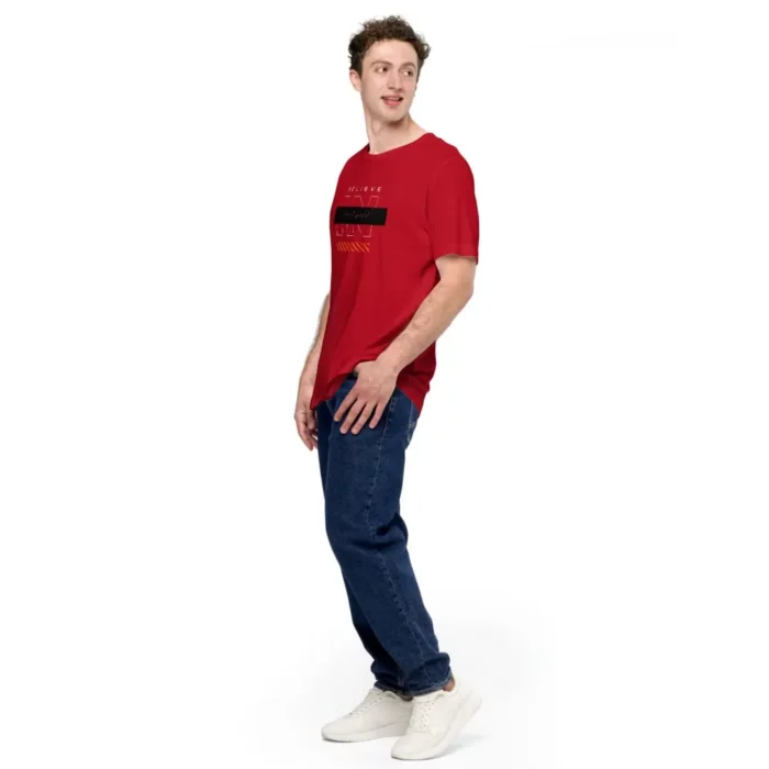 Belive unisex staple t shirt red left front 631763ba0ad89 jpg