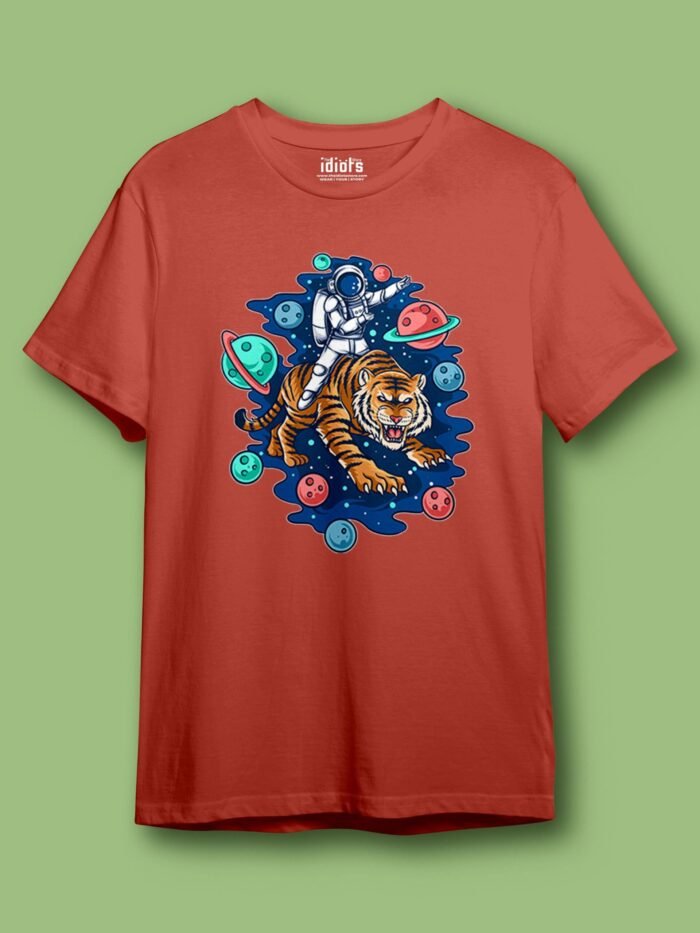 Astronaut Rides Tiger Regular T Shirt Coral scaled