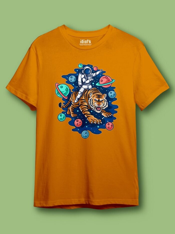 Astronaut Rides Tiger Regular T Shirt Golden scaled