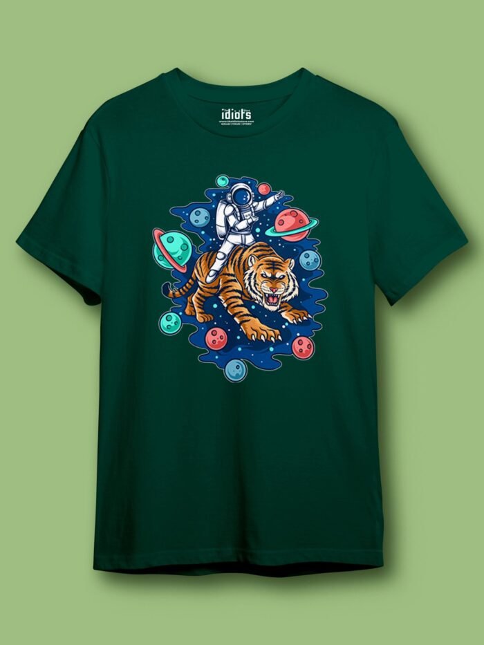 Astronaut Rides Tiger Regular T Shirt Green scaled