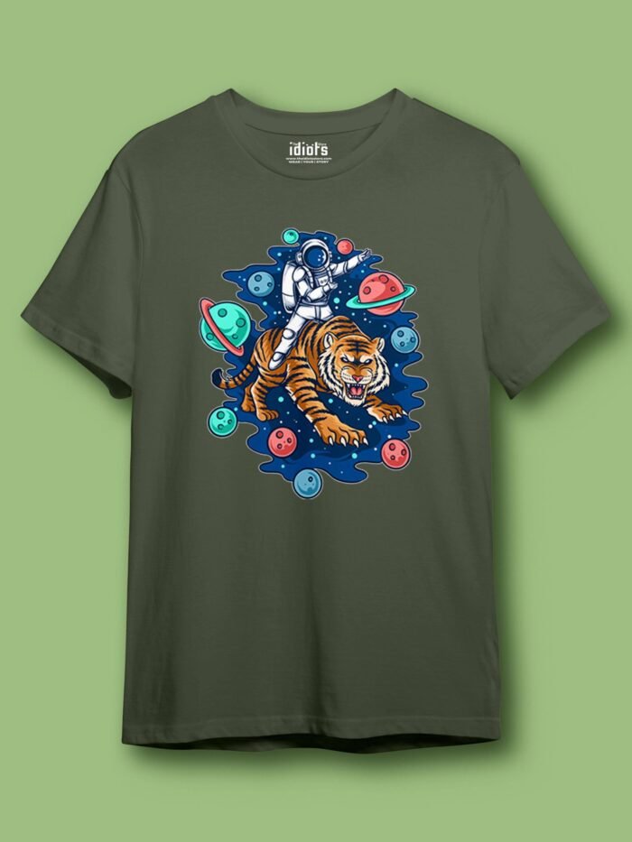 Astronaut Rides Tiger Regular T Shirt Olive scaled