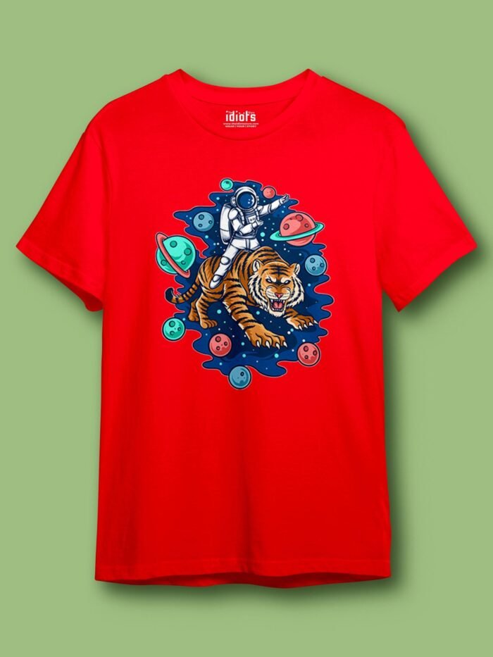 Astronaut Rides Tiger Regular T Shirt Red scaled