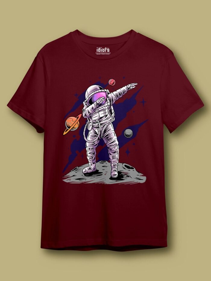 Astronaut dabbing on Moon Regular T Shirt Maroon scaled