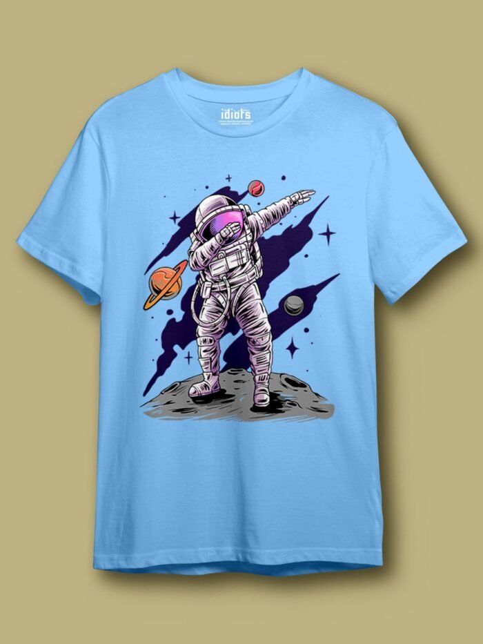 Astronaut dabbing on Moon Regular T Shirt Sky Blue scaled