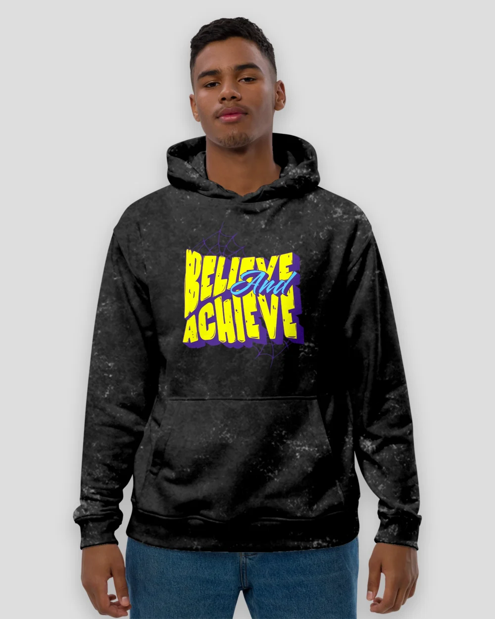 Believe and Achieve Acid Wash Hoodie – Unisex Cotton Hoodie with Motivational Graphic and Acid-Washed Finish