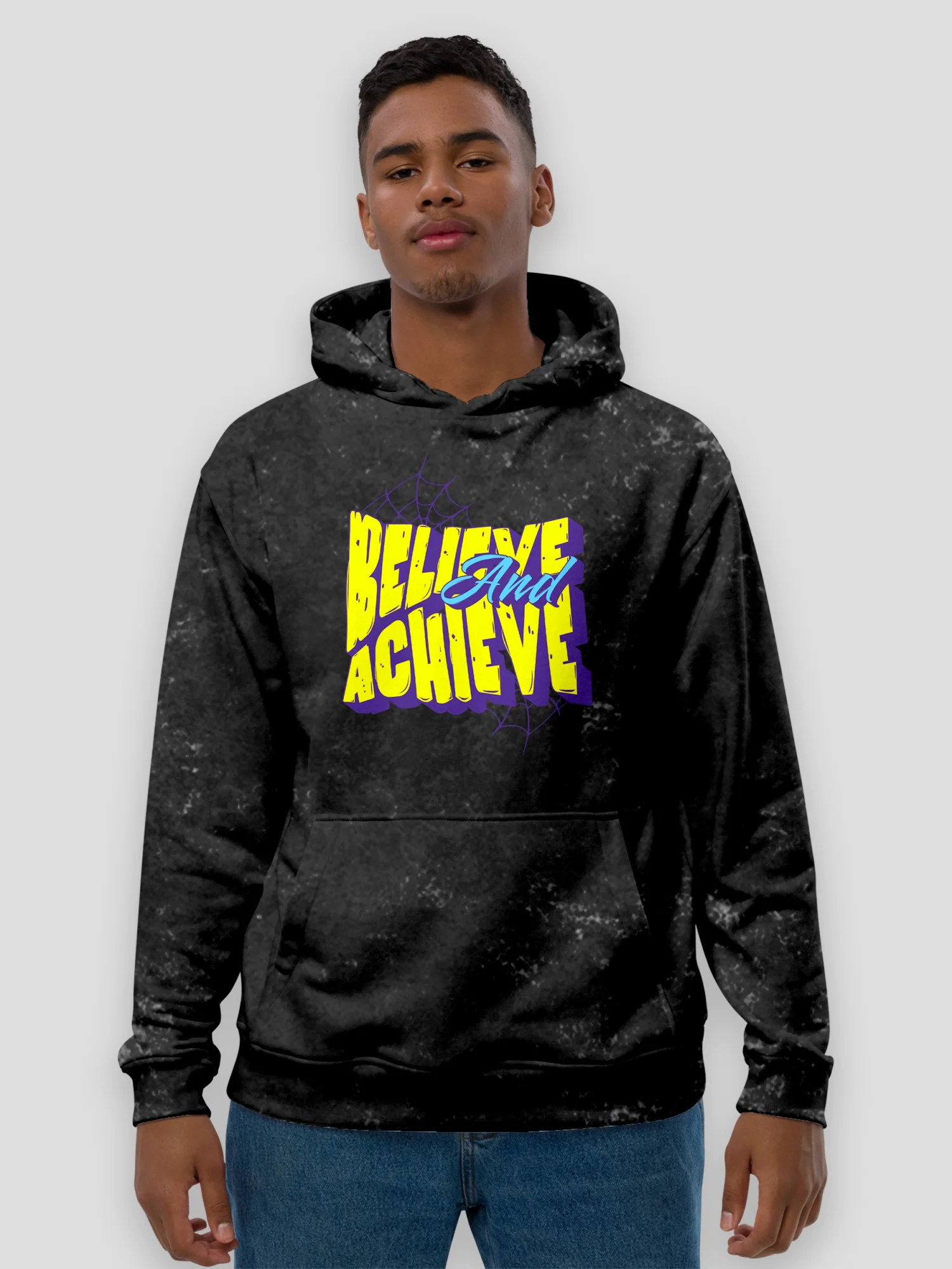 Believe and Achieve Acid Wash Hoodie – Unisex Cotton Hoodie with Motivational Graphic and Acid-Washed Finish