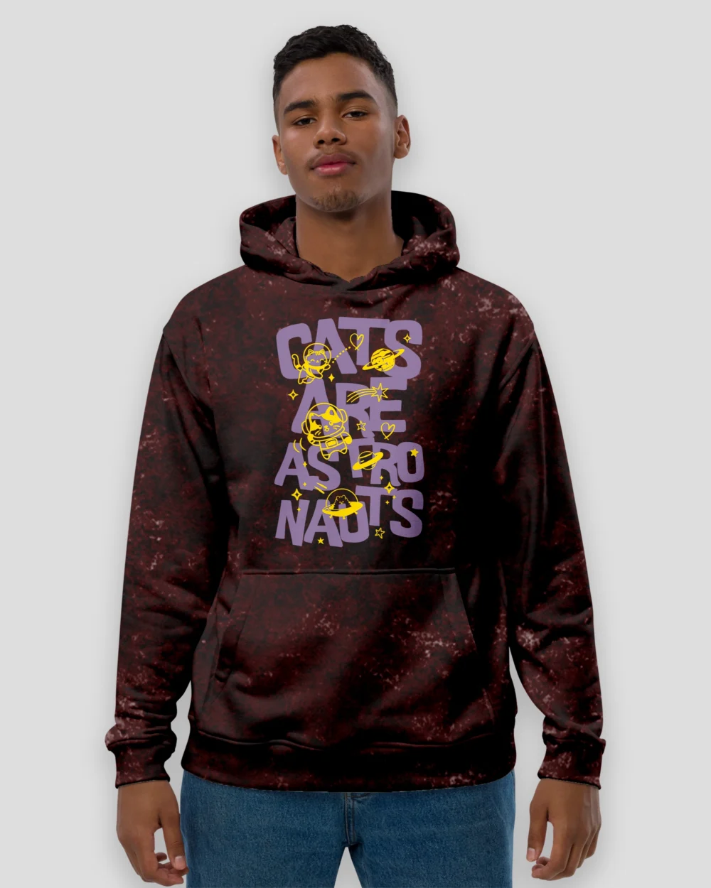 Cats are Astronauts Acid Wash Hoodie – Unisex Cotton Hoodie with Astronaut Cat Graphic and Vintage Acid-Washed Finish