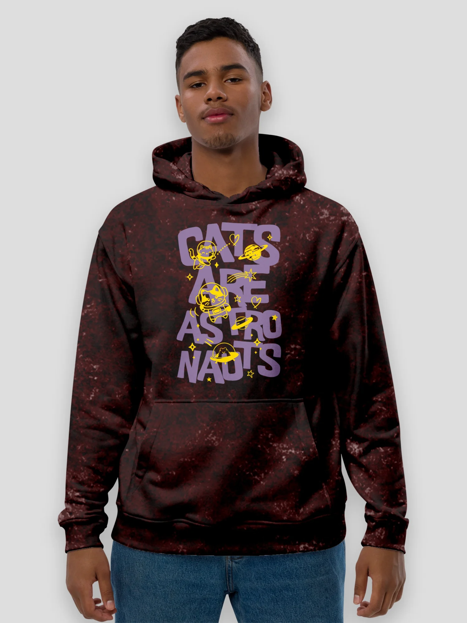 Cats are Astronauts Acid Wash Hoodie – Unisex Cotton Hoodie with Astronaut Cat Graphic and Vintage Acid-Washed Finish