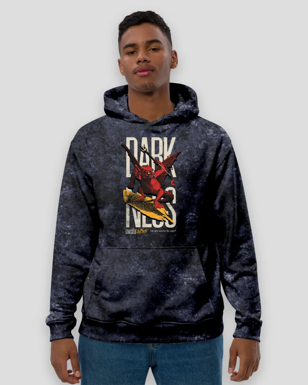 Darkness Awaits Acid Wash Hoodie – Unisex Cotton Hoodie with Mysterious Graphic and Acid-Washed Finish